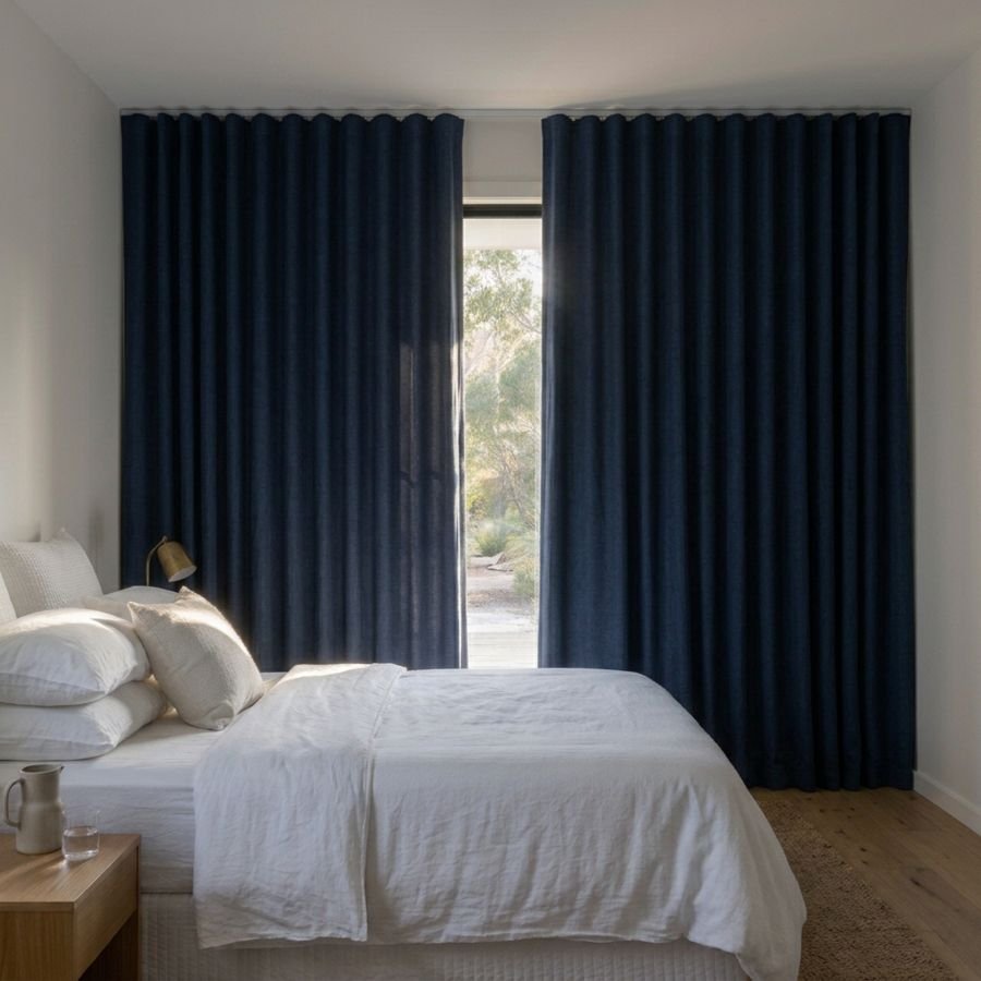 Navy blockout curtains in a room