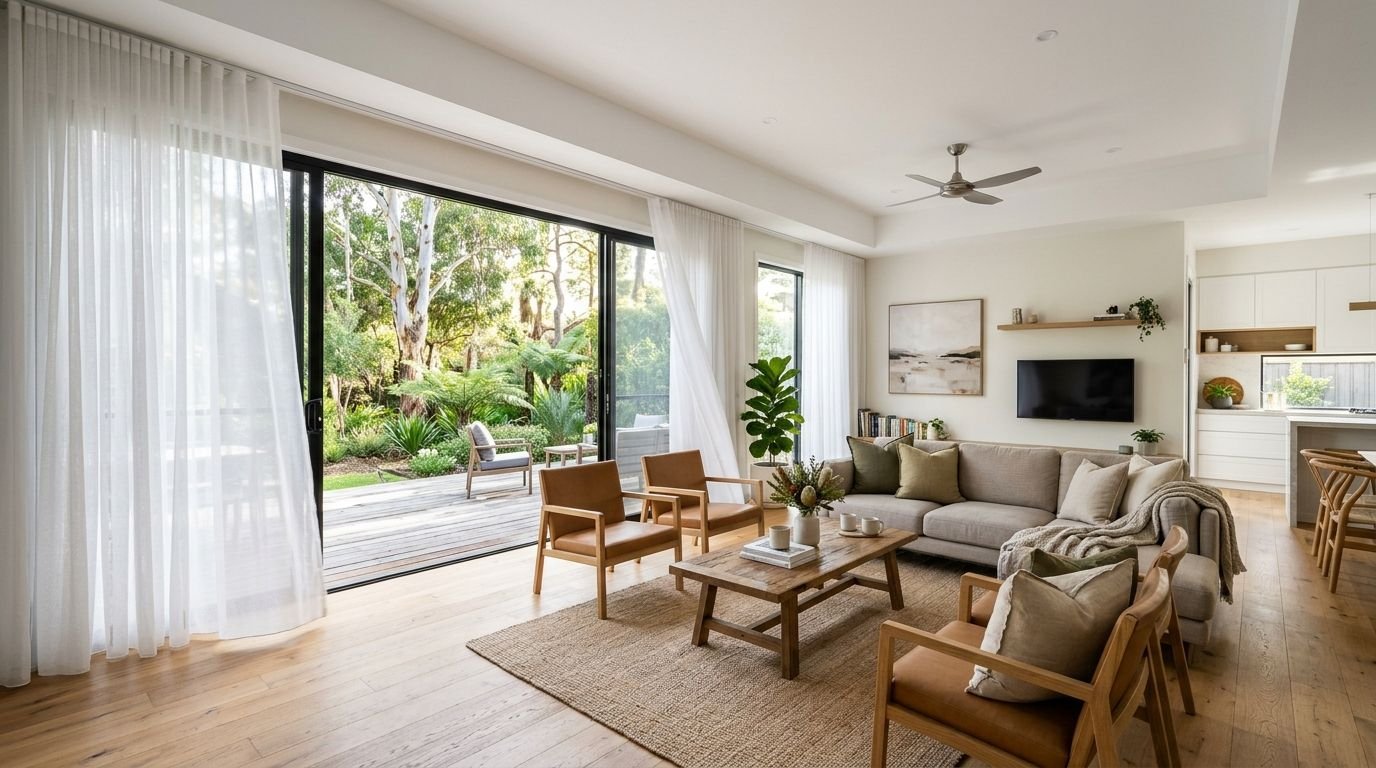 Living room with white sheer S-Fold curtains over sliding doors