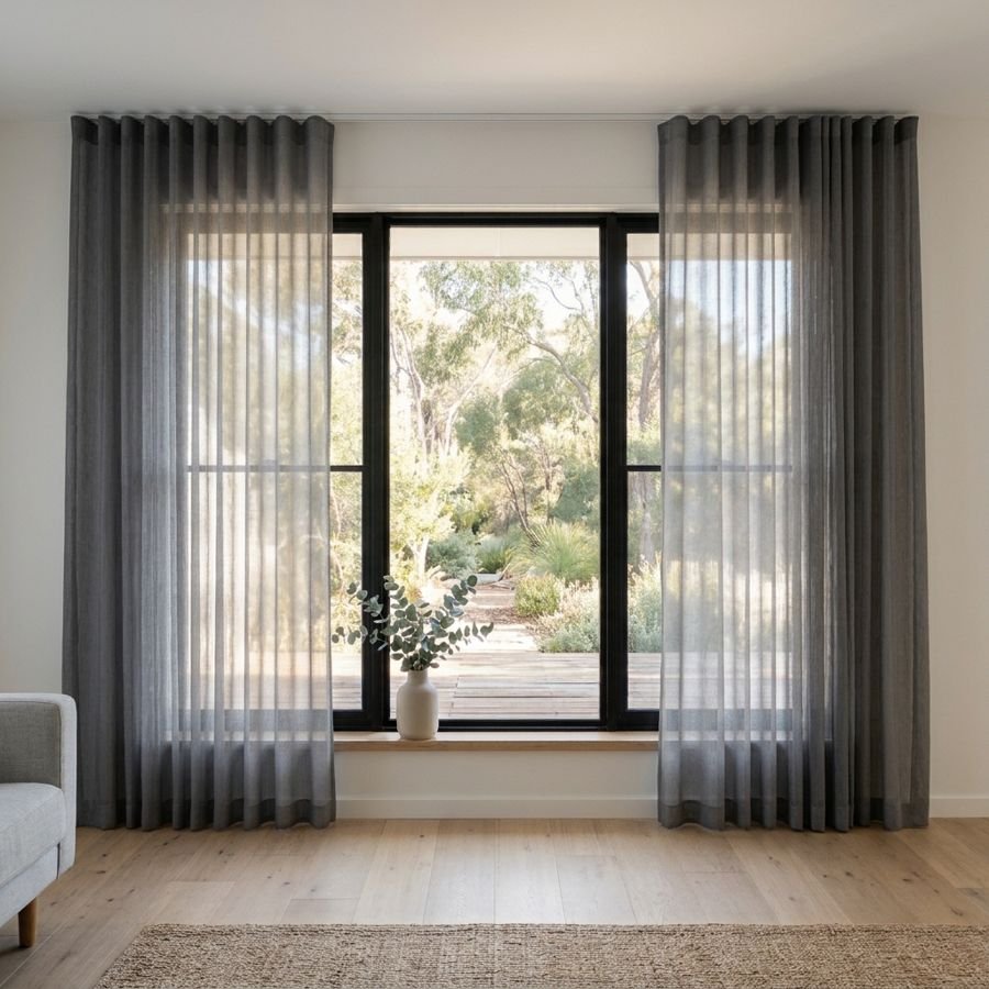 Charcoal sheer curtains in a room