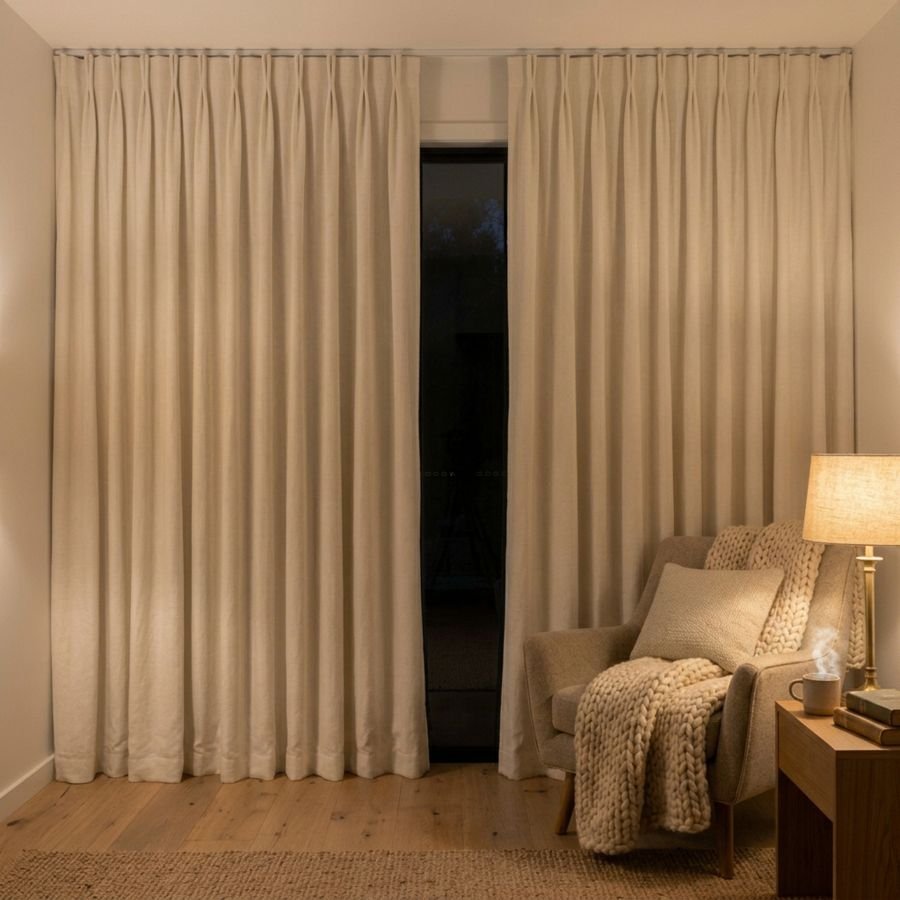 Linen thermal curtains in a room